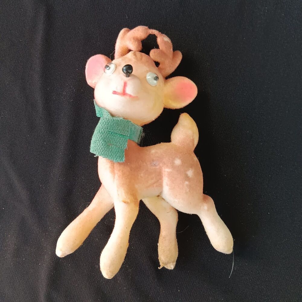 Vintage Christmas Flocked Baby Reindeer Plastic with Felt Scarf Googly Eyes